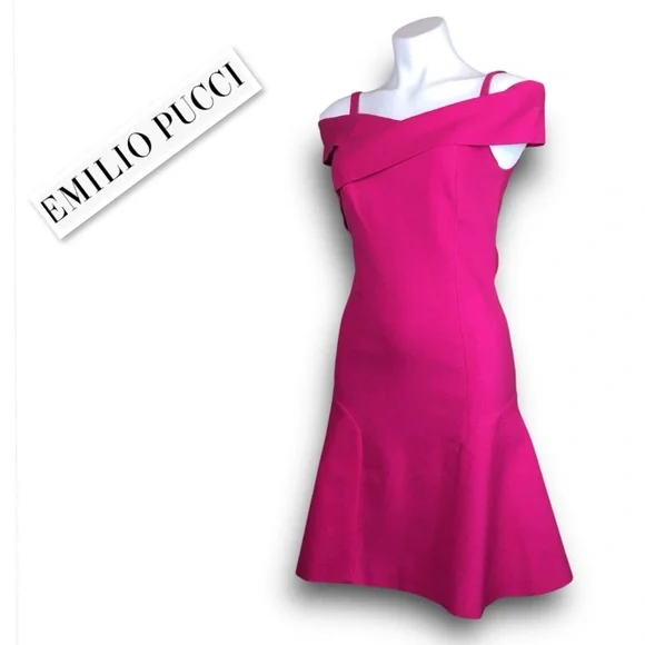 Emilio Pucci Cross Off Shoulders Straps Fit-n- Flare Cocktail Dress Fuchsia Sz 8 - Picture 2 of 12